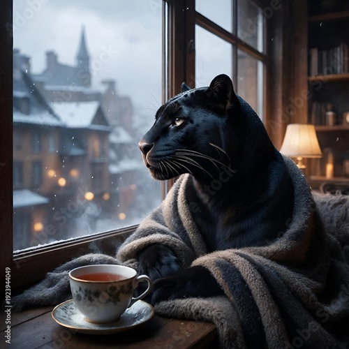 Black panther relaxing by window with tea in cozy winter setting  