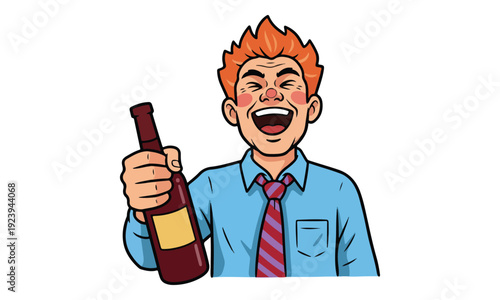 Cartoon Man Laughing with Eyes Closed, Holding Bottle of Alcohol