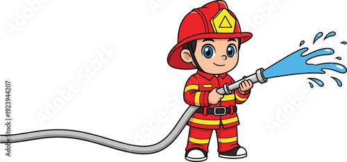 Cute cartoon little boy firefighter character wearing red uniform and helmet holding a water hose spraying water for fire safety and emergency service education vector.