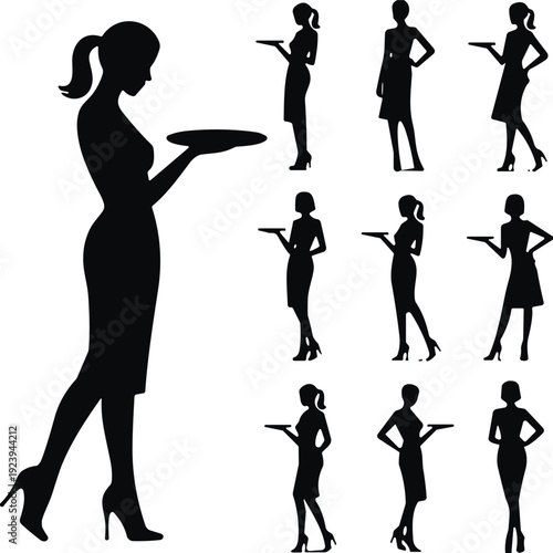 Waitress silhouette collection, elegant female server holding tray in multiple poses isolated on white background for restaurant hospitality design