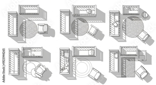 Top-down architectural floor plans showcasing various room layouts and furniture arrangements.