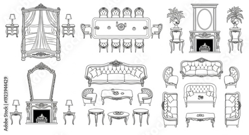 Detailed illustration of various antique furniture pieces in a room setting.