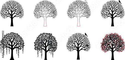 Set of deciduous tree silhouettes with spring blossoms and birds including weeping willow branches and apple trees with red flowers for nature landscape design vecto