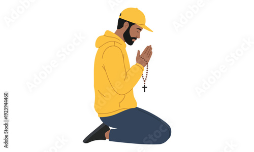 Man Praying with Rosary, Kneeling on White Background