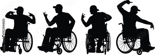 Wheelchair dance silhouette vector illustration, expressive disabled performers, inclusive movement art, dynamic poses, empowerment design, diversity celebration
