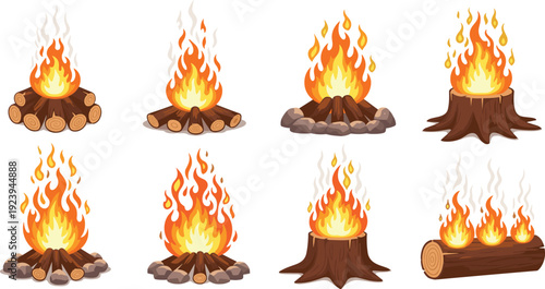 Set of campfire vector illustrations featuring burning logs, wood stumps, and bonfires with orange flames for camping, hiking, and outdoor survival designs.
