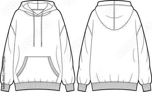 Oversized hoodie with pocket and drawstring technical flat sketch, front and back view, fashion apparel vector