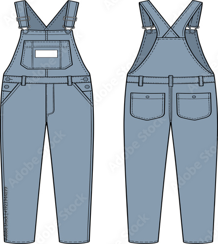 Denim dungarees or overalls with pockets and adjustable straps technical flat sketch, front and back view