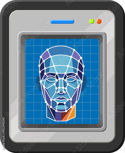 Illustration of an artificial intelligence face recognition scanner used for biometric identification, digital identity verification, and secure access control in modern security systems.
