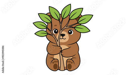 Cute Cartoon Bear Hugging Young Tree Sapling