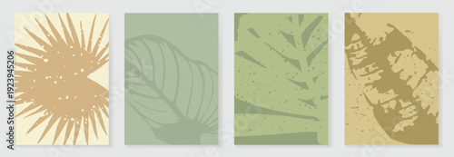 Tropical abstract wall art vector set with sage olive leaves, mustard sun shapes, and warm golden tones. Nature inspired design for posters, prints, decor, branding.