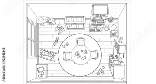 Overhead view of a dining room with a large round table and chairs.