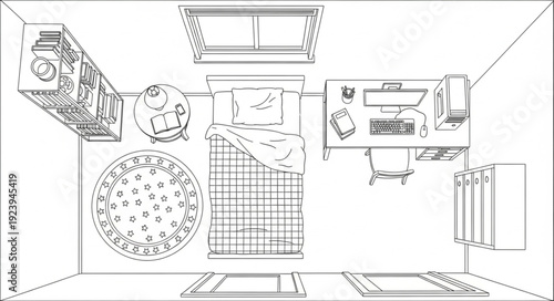 Top-down view of a room with furniture, including a bed and table arrangement.