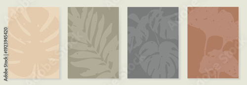 Photos Tropical abstract wall art vector set with beige taupe backgrounds, gray textures, and warm terracotta accents