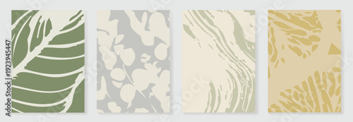 Tropical abstract wall art vector set with sage foliage, cream ivory textures, and soft golden accents. Minimal botanical design for posters, prints, decor, branding.