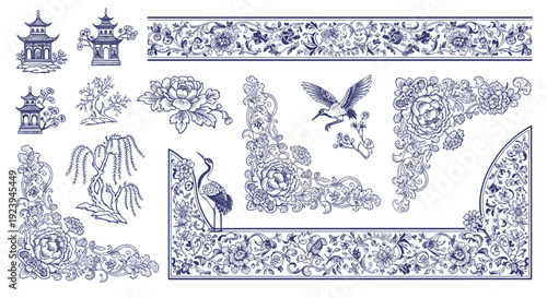 Elegant Chinoiserie Borders and Blue Porcelain Vector Frames