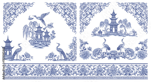 Elegant Chinoiserie Borders and Blue Porcelain Vector Frames