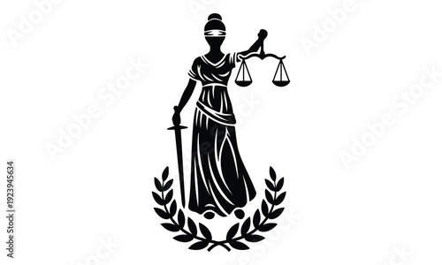 Blindfolded Lady Justice with sword, scales, and laurel wreath emblem