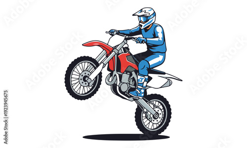 Motocross Rider Doing Wheelie on Dirt Bike Isolated White Background