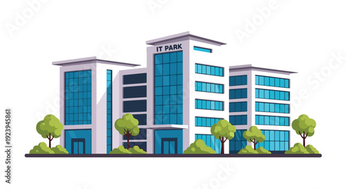 modern office building with blue windows and trees.