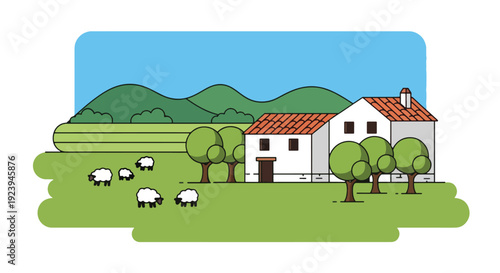 white farmhouse with sheep on green meadow.