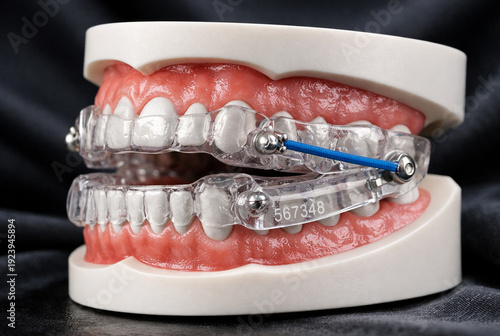 Mandibular advancement device (MAD) dental model with upper and lower trays connected by adjustable rods and blue elastics. Designed to hold the jaw forward, this medical appliance treats obstructive 