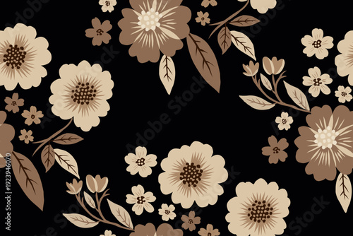 Floral seamless pattern with beige and brown flowers on black background elegant vintage botanical design for fabric textile wallpaper wrapping paper and decorative surface.