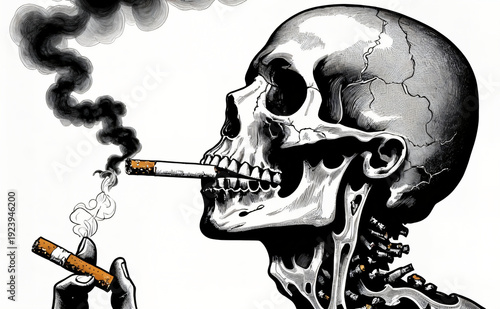 Smoking skull illustration with cigarettes, black smoke and cracked bone conveying deadly impact and grim emotion