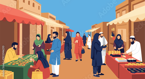 Middle Eastern market scene with traditional clothing and fruit stalls.