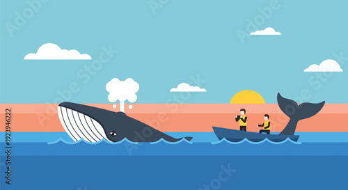 Whale and Boat in Ocean at Sunset.