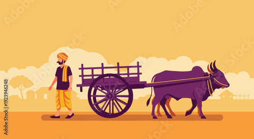 Farmer with oxen cart in rural landscape.