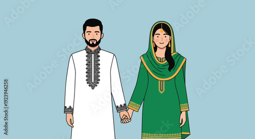 Pakistani couple holding hands traditional attire.