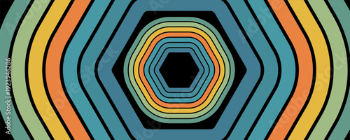 Abstract colorful 70s background vector. Vintage retro wallpaper with rainbow stripes and wavy lines.