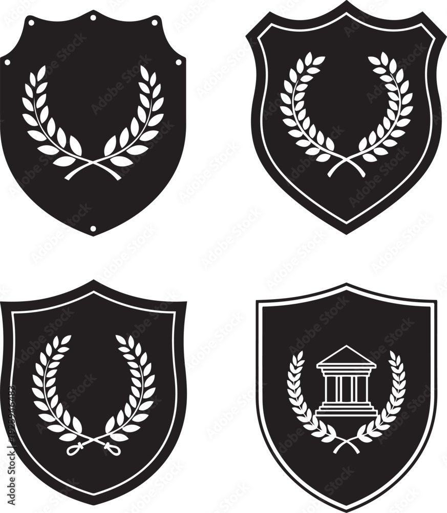 Obraz premium Black and white shield with laurel wreaths and building