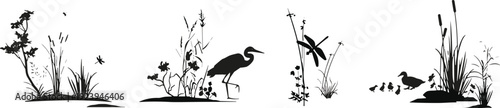 Wetland wildlife silhouette collection with heron, duck family and dragonfly, detailed marsh plants vector illustration isolated on white background design