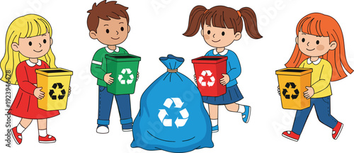 Cute Cartoon Kids Recycling and Protecting the Environment Vector Illustration