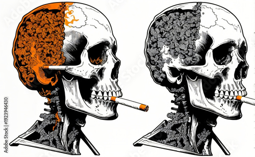Skull profile with cigarette and exposed brain illustrating smoking deadly impact and societal health warning, graphic medical style