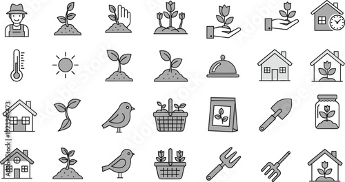 Vector gardening icons set featuring plants, tools, houses, birds, sun, thermometer, baskets, and seedlings for garden care and nature themes