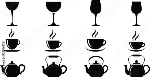 Set of kitchenware icons, wine glasses, coffee cups and traditional teapots isolated on white background vector
