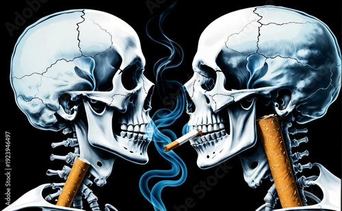 Two skull facing each other smoking cigarette with swirling smoke conveying deadly health impact