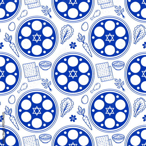 Passover holiday flat seamless pattern design in minimalist hand drawn style. Hand-Drawn Jewish Holiday Illustration featuring Matzah, Wine, and Seder Elements