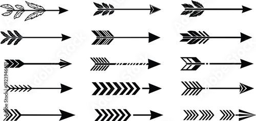 Vector illustration of sixteen unique arrow designs arranged in grid, diverse fletching styles, geometric shafts, creative decorative elements for design projects