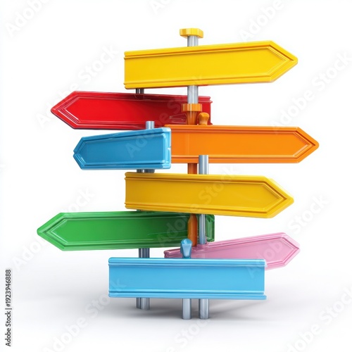 Colorful blank direction signpost with multiple arrows pointing different ways isolated on white background. Choice and decision concept