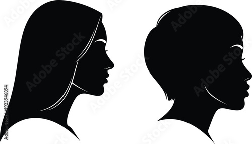 Vector illustration of two human head silhouettes, contrasting long hair and short hair profiles, modern design elements for fashion, identity, diversity concepts.