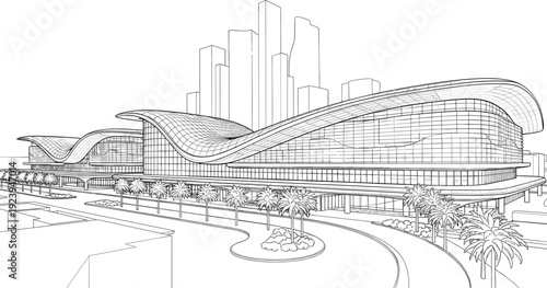Modern futuristic architectural building vector illustration featuring a glass facade terminal with wavy roof design and palm trees in line art style.