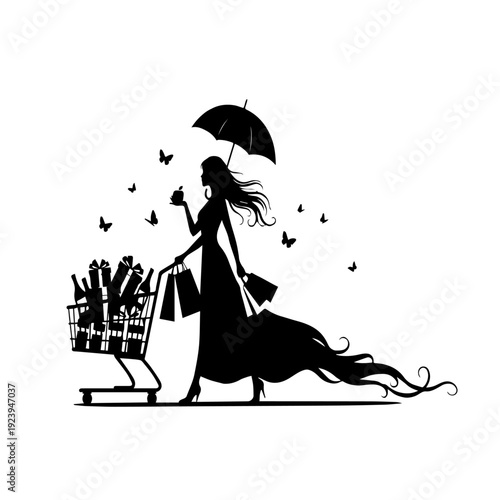 Elegant woman shopping with umbrella and gift cart silhouette fashion retail illustration