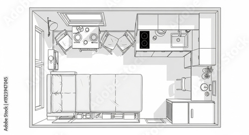 Detailed floor plan of a modern home with various rooms and furniture arrangements.