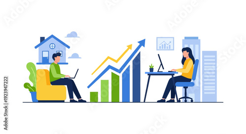 Hybrid Work Strategy Driving Business Growth: Remote Employee at Home and Office Worker with Upward Graph