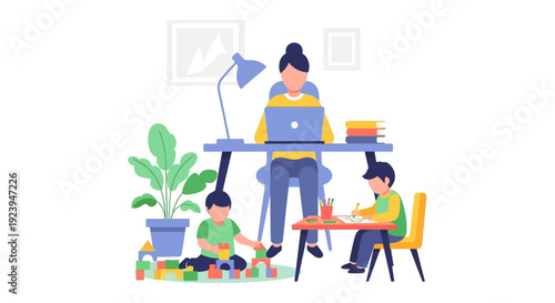 Working Mother Juggling Remote Work and Kids at Home: Modern Work-Life Balance and Family Dynamics Illustration