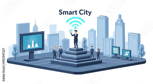 Smart City Connectivity & IoT Integration: Businessman Leading Urban Digital Transformation and Data Management